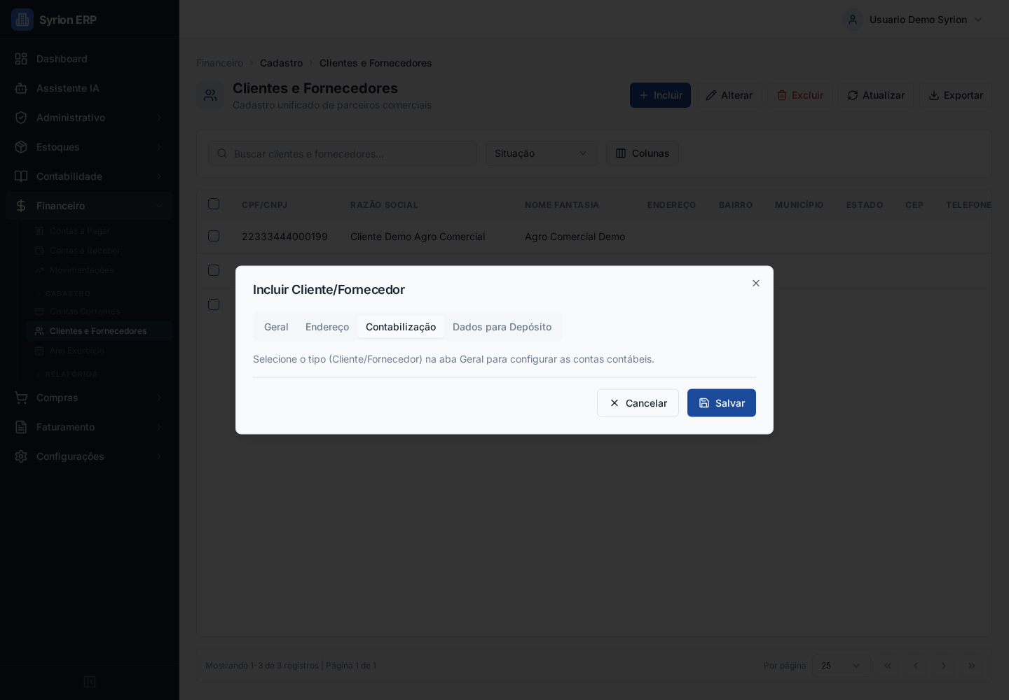 Contabilizacao de cliente e fornecedor