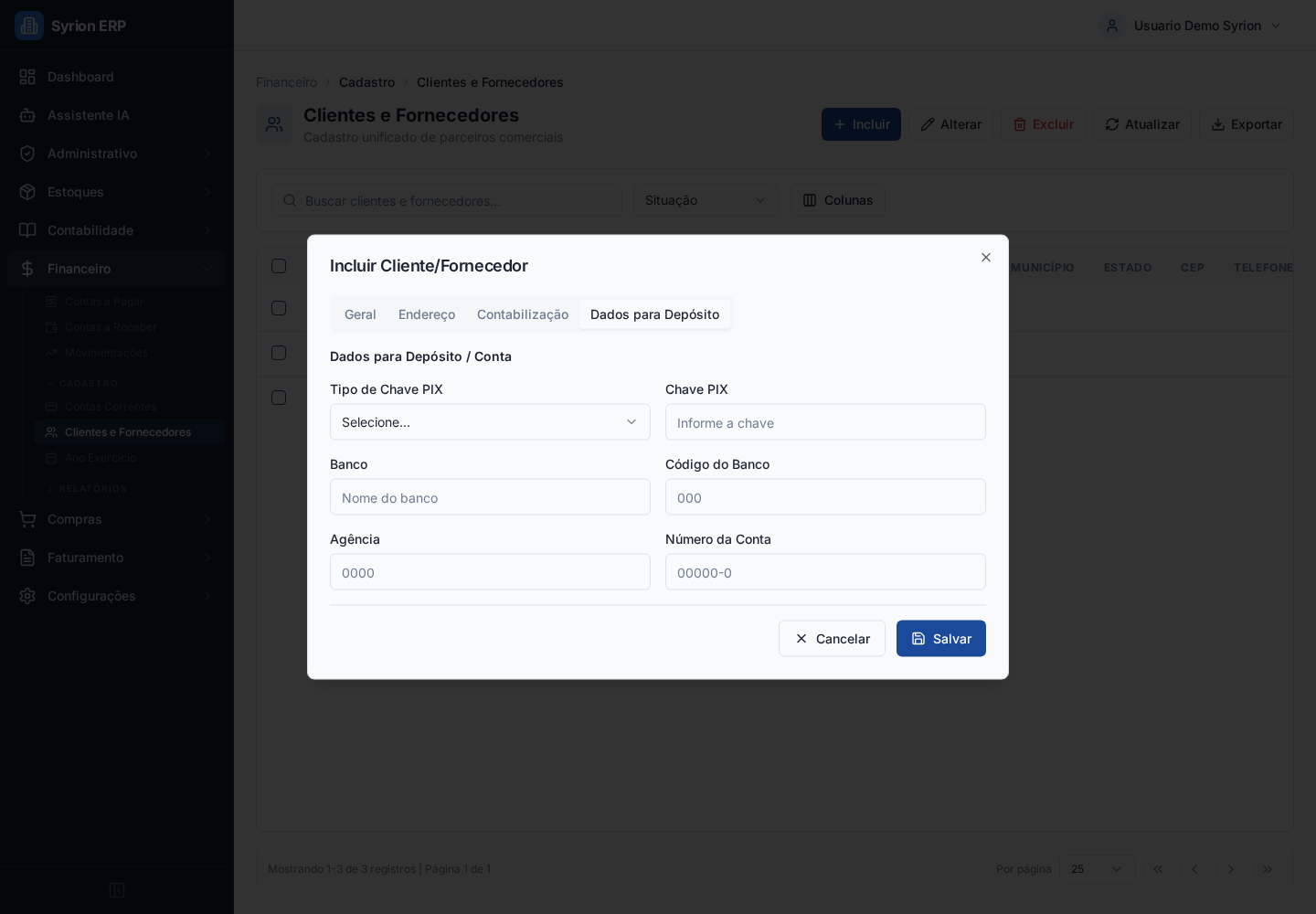 Dados para deposito de cliente e fornecedor