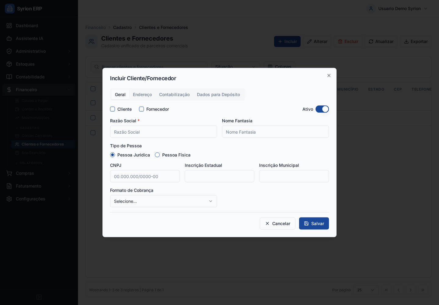 Formulário geral de cliente e fornecedor