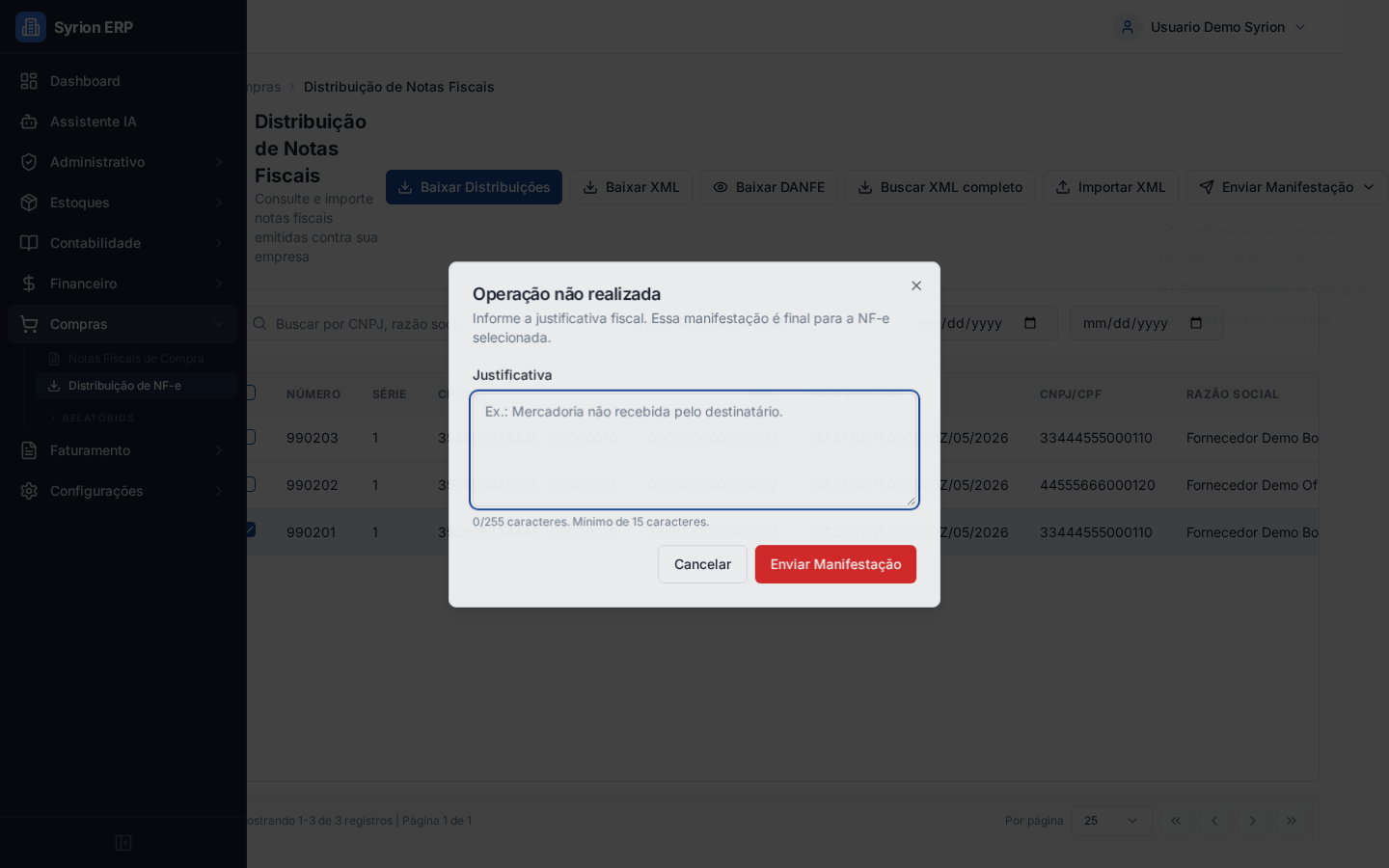 Manifestáção de operação não realizada