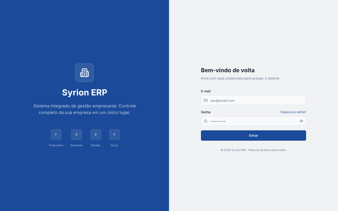 Tela de login do Syrion ERP