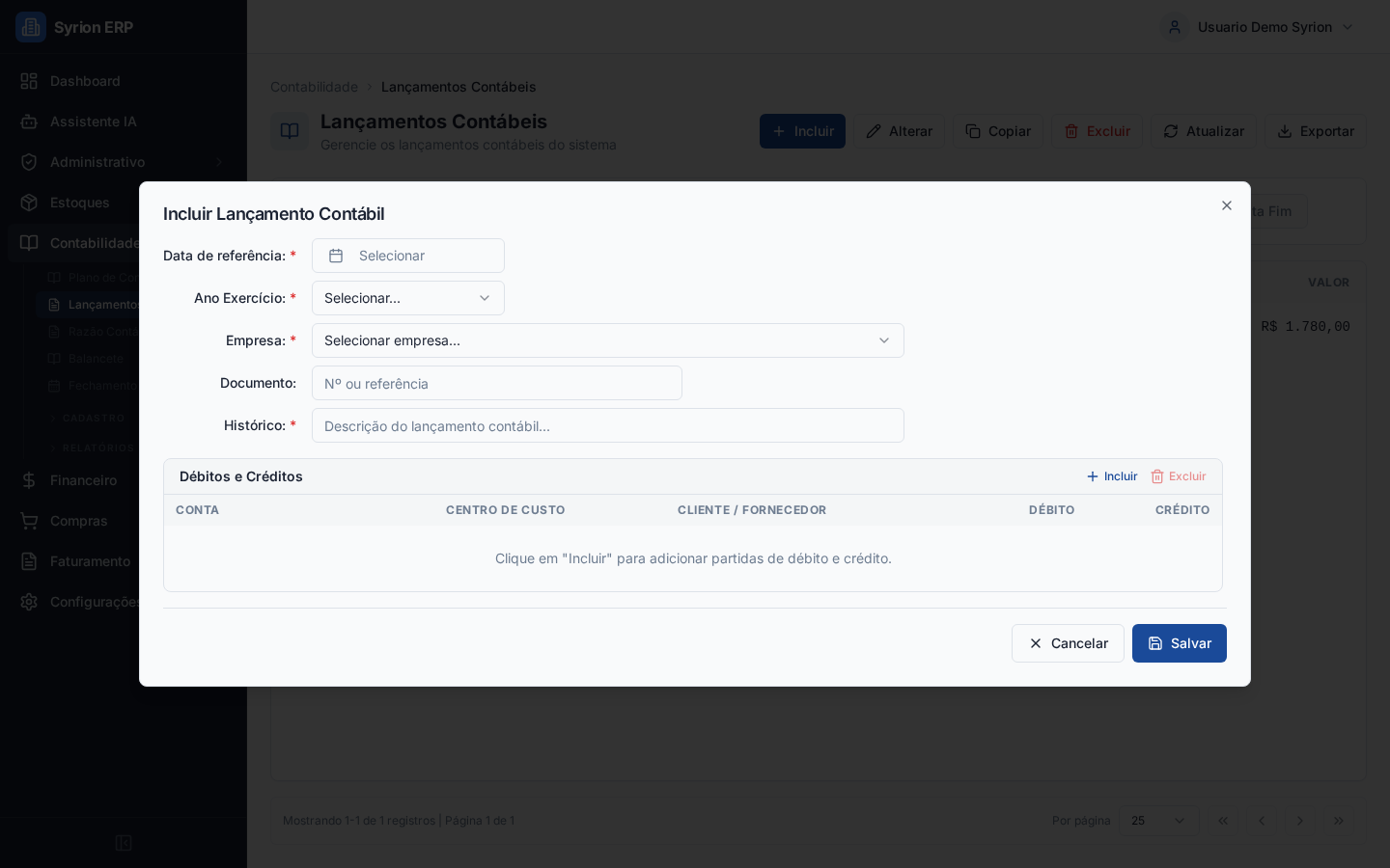 Diálogo para incluir lançamento contábil manual
