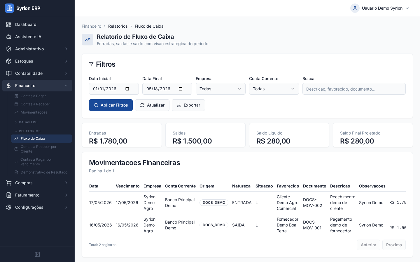 Relatório de fluxo de caixa