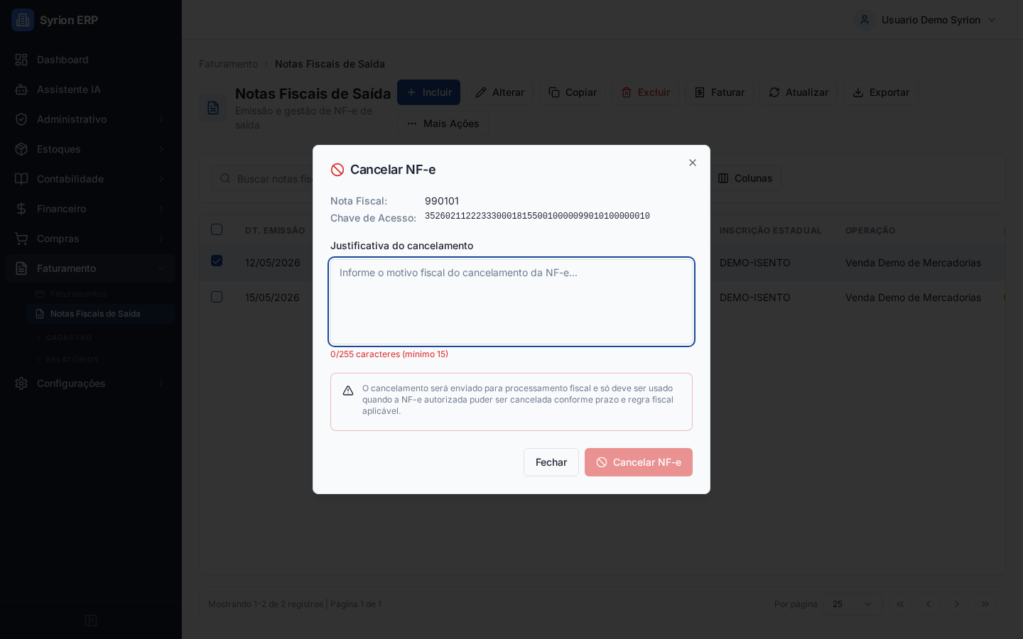 Diálogo de cancelamento de NF-e